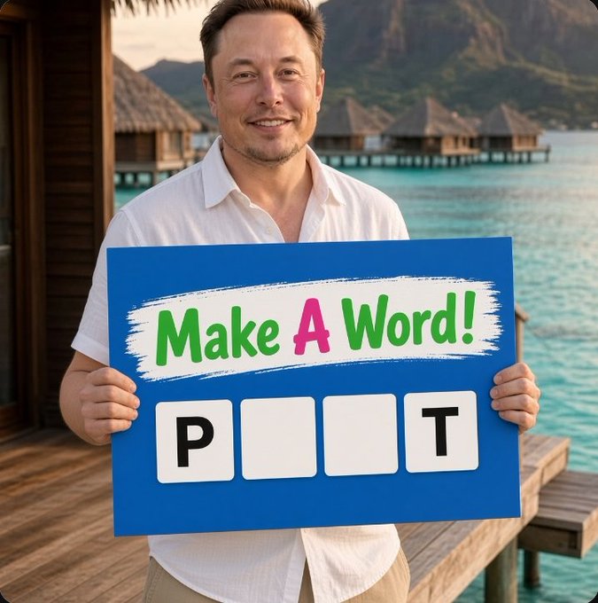An AI-generated or edited image shows Elon Musk smiling and holding a blue sign that says 'Make A Word!' with the letters 'P', '_', '_', 'T' in boxes, set against a tropical overwater bungalow background.