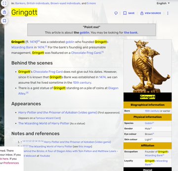 A screenshot of a Gringotts Wikipedia article page displays information about the fictional goblin bank from Harry Potter, including its historical background (founded by Gringotts Wizarding Bank in 1474), physical characteristics, and cultural references, alongside an image of a golden goblin statue; the page is unrelated to cryptocurrency tokens or blockchain technology, though the accompanying post references a Solana contract address (8fkAyLEyxSyW6yazqSHMpV2TjUzP4o9MHqMfNAQdcfPy) allegedly tied to a "goblin coin."