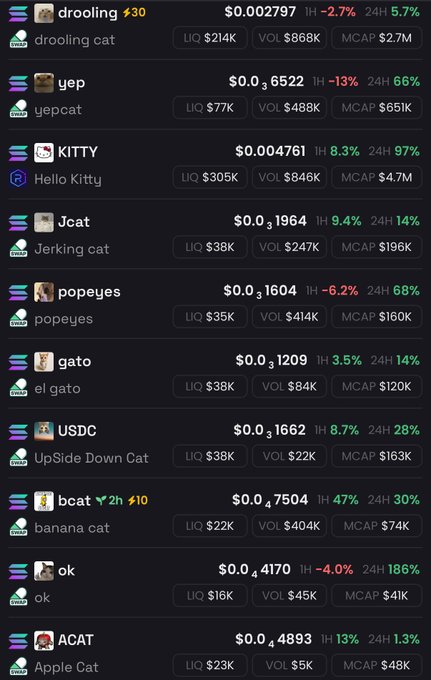 A cryptocurrency trading dashboard displays a list of cat-themed meme tokens including "drooling," "yep," "KITTY," "Jcat," "popeyes," "gato," "USDC," "bcat," "ok," and "ACAT," showing their prices, 1-hour changes (mostly positive in green), 24-hour changes (all positive in green), and market metrics like liquidity and volume, supporting the claim that every cat coin is in the green.