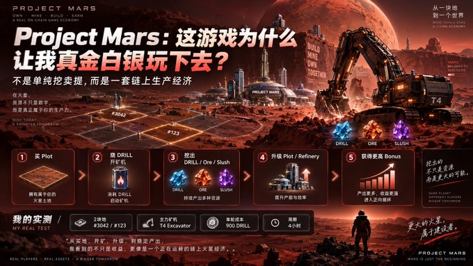 A promotional graphic for the mining game "Project Mars" displayed in Chinese, featuring a red Mars landscape with large mining rigs, a numbered 5-step gameplay loop (Buy Plot → Mint DRILL/Ore/Slush → Mine → Upgrade Plot/Refinery → Earn Bonus), and a "My Real Test" results panel showing 2-hour earnings of 3042/8123, 4 T4 Excavators, 900 DRILL consumed, and 4-hour break-even time, directly illustrating the post's discussion about evaluating long-term expected value, upgrade worth, and break-even duration in the game.