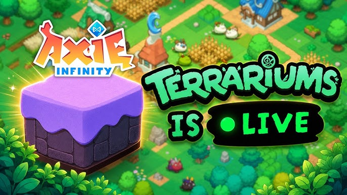 The image features a purple cube with "Terrariums" written on it, surrounded by green trees and bushes. The text "Axie Infinity has reworked their land gameplay into a new game called Terrariums!" indicates that the game is now focused on managing land instead of using traditional in-game currency like coins or points. This change has attracted many players to Axie Infinity's platform, resulting in an increase in collectible axies' value and popularity among gamers.