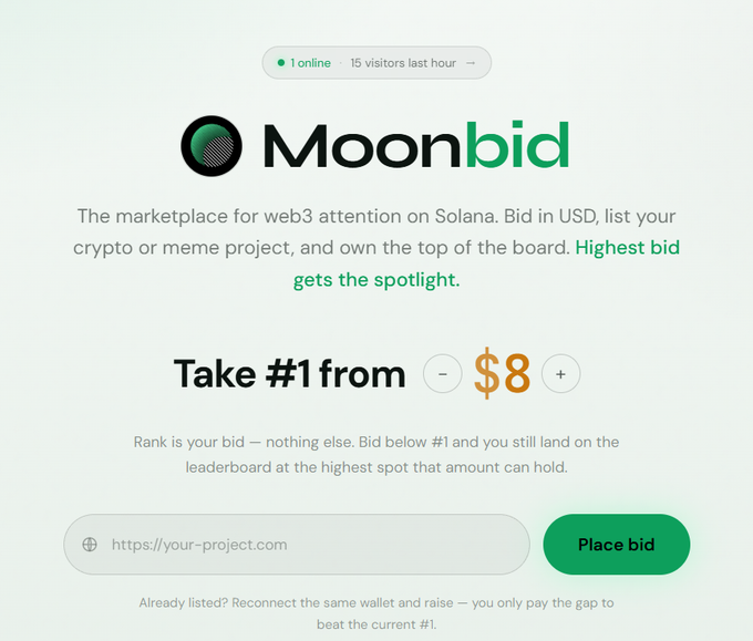 A screenshot of a website called 'Moonbid' with the tagline 'The marketplace for web3 attention on Solana,' showing a current top bid of $8 and a 'Place bid' button.