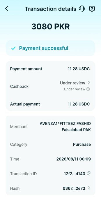A mobile payment confirmation screen shows a successful transaction of 3080 PKR (11.28 USDC) at merchant 'AVENZA1*FITTEEZ FASHIO' in Faisalabad PAK on 2026/08/11.