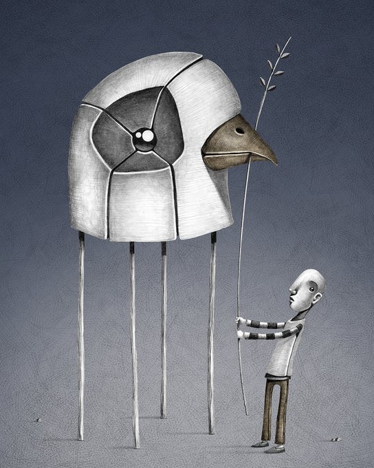 A stylized illustration shows a tall, mechanical bird-like creature with a metallic shell and long thin legs, while a small humanoid figure offers it a sprig of leaves.