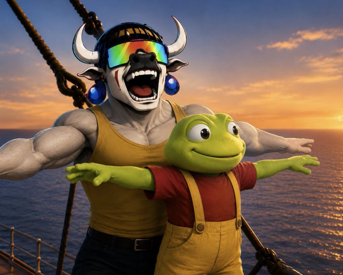 A 3D-rendered meme image featuring a muscular minotaur wearing reflective sunglasses and a yellow tank top doing the 'Titanic' pose with a green frog character in red and yellow overalls, set against a sunset over the ocean.