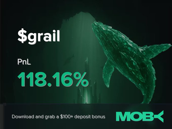 The image features an advertisement for a cryptocurrency called "grail". The advertisement showcases a whale-shaped glass sculpture that appears to be made of liquid crystal, giving it the appearance of swimming underwater near a mountain. A price tag is displayed next to the sculpture on the right side of the image, stating that $grail is being sold for $68.55 MC or 118.16% in dollars. The advertisement also mentions that this cryptocurrency has been gaining traction and sitting at $529.7MC, indicating its popularity among traders.