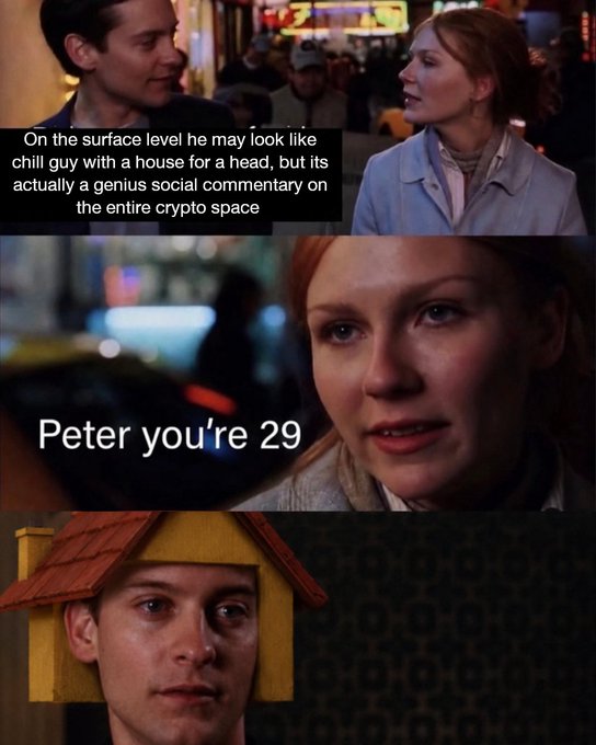 A meme featuring Spider-Man scenes, showing Mary Jane telling "Peter you're 29" with text claiming the character is "a genius social commentary on the entire crypto space," paired with an image of Tobey Maguire edited with a literal house for a head.