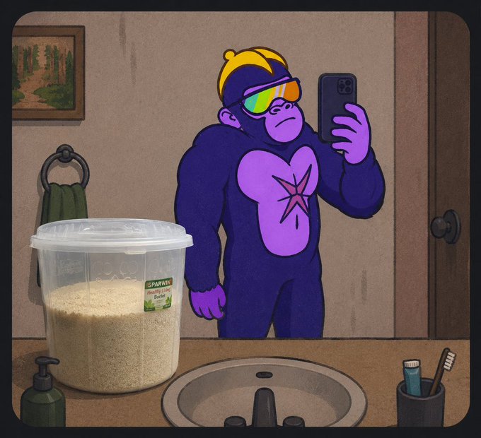 A purple gorilla wearing a yellow beanie and rainbow sunglasses takes a selfie in the bathroom mirror, standing next to a Spartan healthy buckwheat container, while the caption sends off a cheerful "GM Mutuals" wishing followers a happy Friday and a locked-in weekend.
