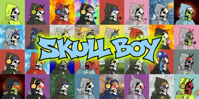 A grid of colorful skull character portraits in various hooded outfits with the text 'SKULL BOX' prominently displayed in graffiti-style letters across the center.
