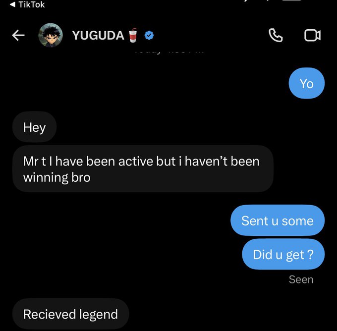 A TikTok direct message conversation between users 'Yo' and 'YUGUDA' discussing activity and winnings, ending with 'Recieved legend'.