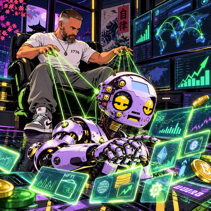 A stylized illustration shows a bearded man in a '1776' t-shirt using green laser beams like puppet strings to control a purple and yellow robot, surrounded by holographic screens displaying NFT, crypto, and trading data.