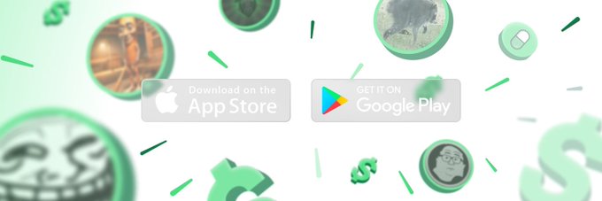 Promotional banner with green theme showing App Store and Google Play download buttons alongside floating meme coins and dollar signs.