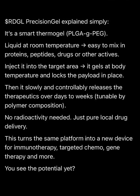 A text post explaining $RDGL PrecisionGel as a smart thermogel (PLGA-g-PEG) that is liquid at room temperature, gels at body temperature when injected, and slowly releases therapeutics without radioactivity.