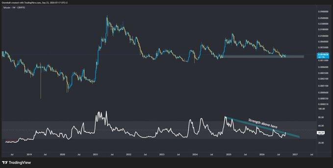 A TradingView candlestick chart on a dark background shows price action in USDC/USD with an RSI indicator below, annotated with a green arrow reading "Strength above here".