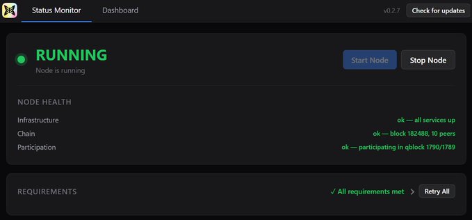 A screenshot of a Status Monitor Dashboard (v0.2.7) showing a node running with green health indicators for Infrastructure, Chain (block 182488), and Participation (block 1790/1789).