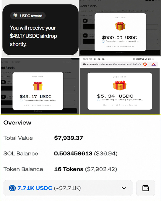 Screenshots showing USDC reward notifications and an overview dashboard displaying a total value of $7,939.37, with a SOL balance and 16 tokens including 7.71K USDC.