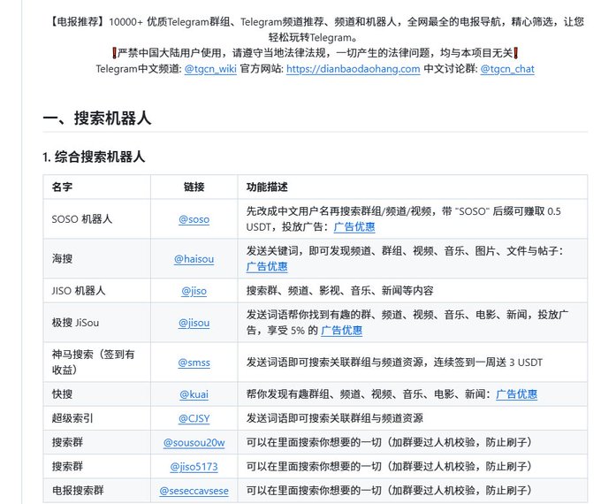 A Chinese-language webpage lists Telegram bot recommendations for searching groups, channels, and resources, with a table showing bot names like SOSO, 海搜, JISO, and 快搜 along with their links and features.