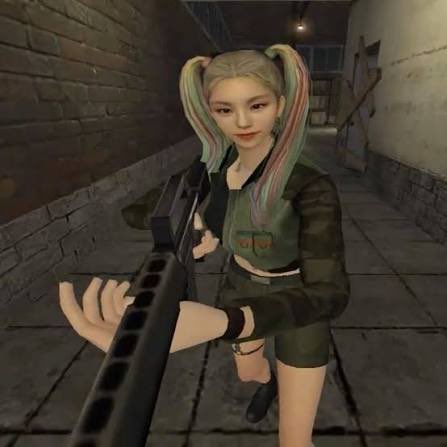 A 3D-rendered female character with blonde pigtails, wearing a green camouflage jacket and black skirt, holding a large black rifle in an urban alleyway setting.