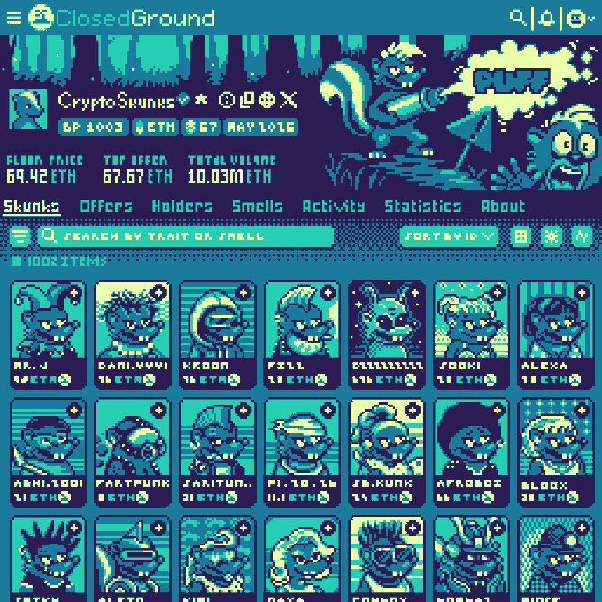 The image features a digital design of a card game called CryptoSkunks, which is a pixel art style with a cartoon-like appearance. The game has a total of 12 unique characters, each represented by a different color. These characters include a cat, a deer, and various other animals. One character in particular seems to be related to the theme of Cryptoskeins and the game's purpose, as it is described as "a fully onchain ?". The overall design includes several options for players such as "10k pfp" and "Mint date". There are also descriptions about what this game is about, which include a "stats about activity Statistics..." section. The image appears to be related to the post from @basepaint_xyz that says "Can you smell it? CryptoSkunks are coming. A fully onchain 10k pfp collection based on @basepaint_xyz canvas 1003.".