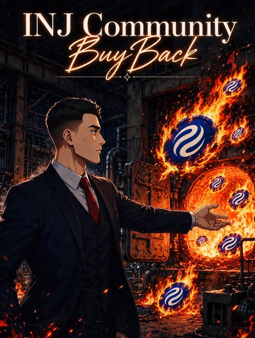 A stylized poster shows a suited man reaching toward flaming circular tokens, with the headline “INJ Community BuyBack.”