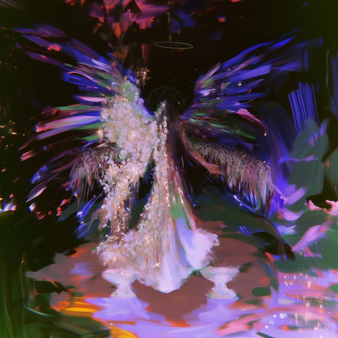 An abstract digital artwork features a central figure with large, vibrant wings in hues of blue, purple, and green, surrounded by floral-like elements and a distorted, glitchy aesthetic.