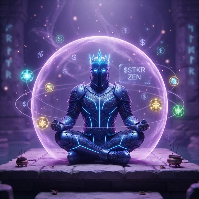 Digital artwork of an armored cyborg or robotic figure wearing a glowing crown, sitting in a meditative lotus pose surrounded by a translucent purple sphere with floating cryptocurrency coins and '$STKR ZEN' text.