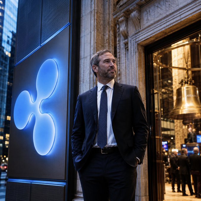 Brad Garlinghouse, CEO of Ripple, stands outside the New York Stock Exchange beneath a glowing blue Ripple logo, visually reinforcing the company's growing openness toward a potential IPO.