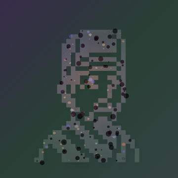 A pixel art style illustration shows a figure composed of blocky shapes surrounded by floating colored circles against a dark gradient background.