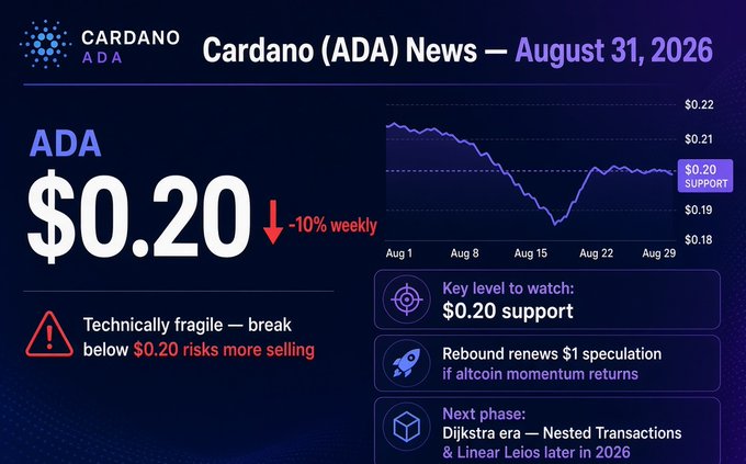 A financial graphic titled 'Cardano (ADA) News — August 31, 2026' displays a price of $0.20, down 10% weekly, with a line chart showing trends and notes about '$0.20 support' and the 'Dijkstra era'.