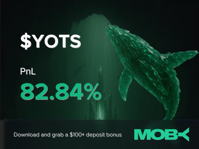 A promotional graphic for Moby features a translucent green whale alongside "$YOTS" and a "PnL 82.84%" win alert, with text inviting users to "Download and grab a $100+ deposit bonus." The underwater imagery and large percentage highlight the trader's profitable close on the $YOTS position mentioned in the post.