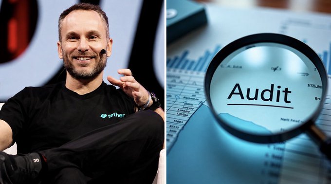 A split image showing a smiling man in a black t-shirt with the "Zether" logo on the left, and a magnifying glass over a document with the word "Audit" highlighted on the right.