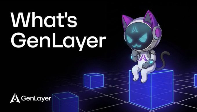 The image depicts the "GenLayer" logo and a robotic cat contemplating a problem, visually representing the complexity and nuance of AI-driven logic that goes beyond simple binary outcomes.