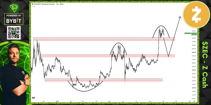The image displays a technical analysis chart of ZEC/USDT Perpetual Contract on Bybit, showing price action with key resistance levels marked by red horizontal lines and potential price patterns highlighted by black curved arrows suggesting an upward breakout scenario. The accompanying caption warns that if ZEC loses this critical resistance level, the altcoin could face prolonged trouble, while acknowledging its strong chart structure within the crypto market.