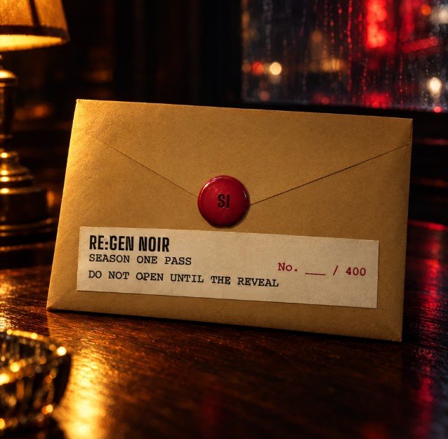 A sealed brown envelope with a red wax seal, labeled as a 'RE:CEN NOIR SEASON ONE PASS' numbered __/400, with instructions 'DO NOT OPEN UNTIL THE REVEAL,' resting on a wooden surface.