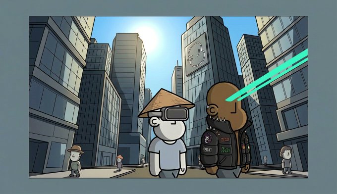 A cartoon scene depicts two figures standing in a city street surrounded by skyscrapers—one wearing a VR headset and a straw hat, the other a brown character shooting a turquoise laser from its eye, with small "NPC" pedestrians scattered around. The image ties to the post's theme by celebrating a new supporter of the "NPC" community, with the playful urban setting reinforcing the casual, welcoming vibe of the greeting.