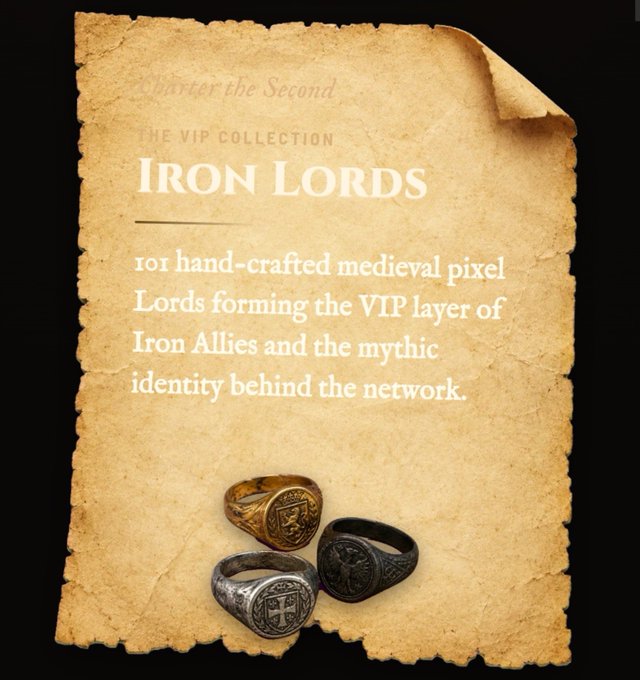 A promotional graphic styled as aged parchment titled 'Charter the Second' and 'IRON LORDS,' describing 10X hand-crafted medieval pixel Lords and displaying three ornate signet rings in gold, silver, and black.