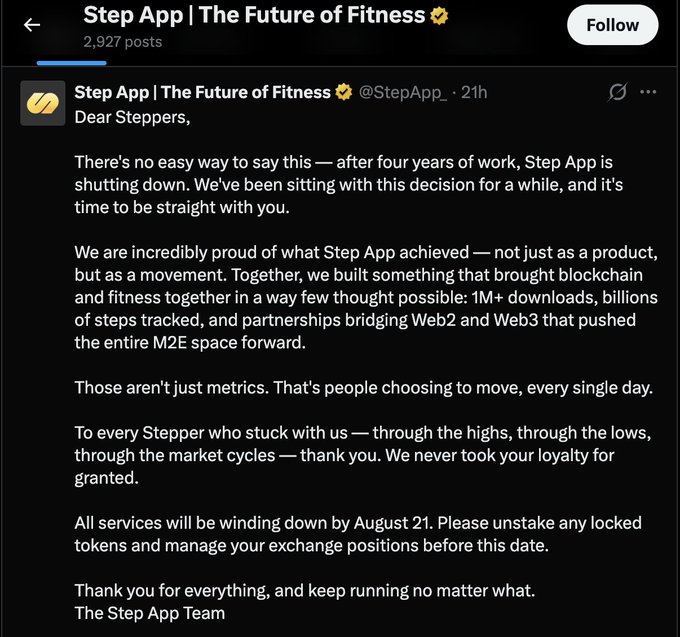 A Twitter/X post from 'Step App | The Future of Fitness' announcing the shutdown of their app, with services winding down by August 21.
