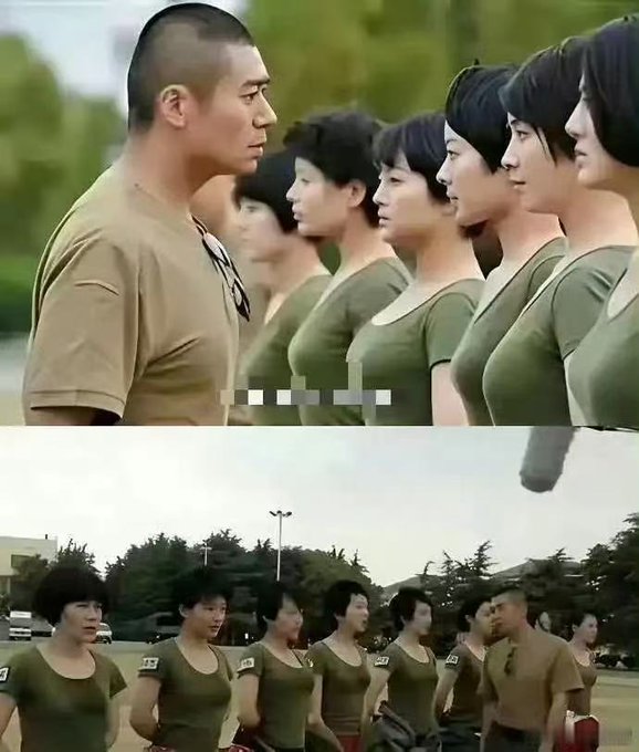 A two-panel photo showing a muscular man with a buzzcut facing a line of women with short hair in military-style attire during what appears to be basic training drills outdoors.