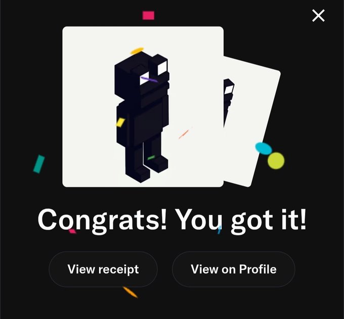 A digital screen displays 'Congrats! You got it!' above buttons for 'View receipt' and 'View on Profile,' showing a pixelated black character NFT.