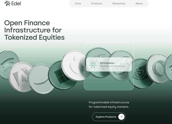 A website screenshot for 'Edel' featuring the text 'Open Finance Infrastructure for Tokenized Equities' with floating cryptocurrency coin graphics.
