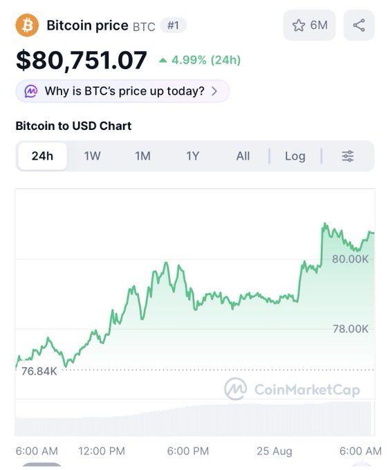 A CoinMarketCap screenshot showing the Bitcoin (BTC) price at $80,751.07, up 4.99% in 24h, with a 24h chart dated 25 Aug.