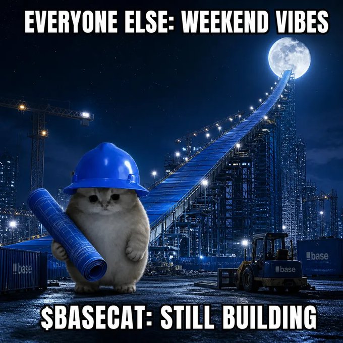 A meme featuring a chubby cat wearing a blue hard hat and holding a rolled-up blueprint, with text 'EVERYONE ELSE: WEEKEND VIBES' at the top and '$BASECAT: STILL BUILDING' at the bottom, set against a construction site backdrop with 'base' shipping containers and a construction crane leading to the moon.