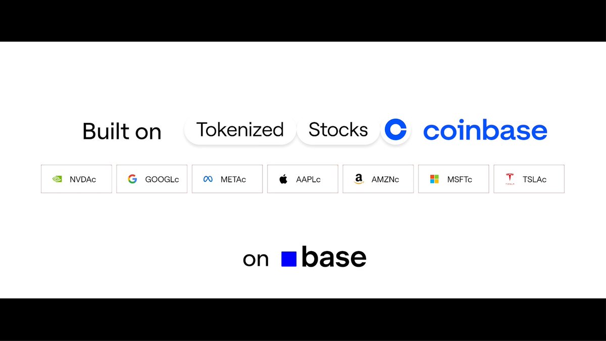 Promotional graphic reading 'Built on Tokenized Stocks Coinbase' displaying tickers NVDAC, GOOGLC, METAC, AAPLC, AMZNC, MSFTc, and TSLAc, with 'on base' at the bottom.