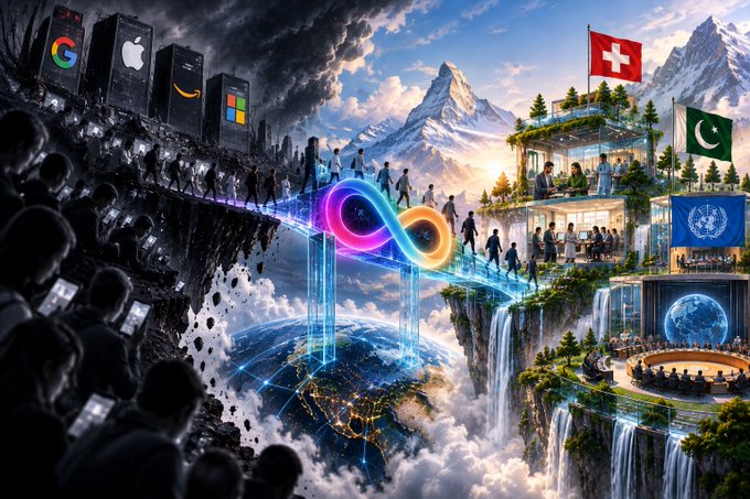 A symbolic digital artwork contrasting a dark side populated by crowds and tech company logos (Google, Apple, Amazon, Microsoft) with a bright side featuring flags (Switzerland, Pakistan, UN) and a rainbow infinity symbol connecting them.