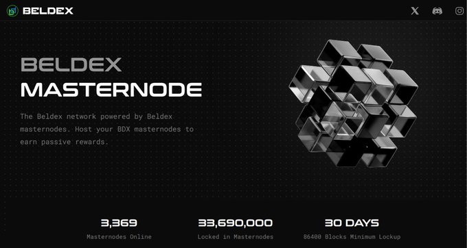 The image is a promotional graphic for the Beldex Masternode network, featuring the Beldex logo and a dark theme with a 3D cubic cluster graphic on the right. Key text reads "BELDEX MASTERNODE" along with the tagline explaining that the Beldex network is powered by masternodes for passive rewards. Statistics at the bottom show 3,369 Masternodes Online, 33,690,000 Locked in Masternodes, and a 30 Days / 86,400 Blocks Minimum Lockup period. The image aligns with the post by highlighting how masternodes secure the Beldex blockchain by validating transactions and power privacy services like BelNet and BChat, with users required to stake $BDX to participate.