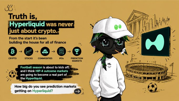 An advertisement for Hyperliquid stating 'Truth is, Hyperliquid was never just about crypto,' highlighting crypto, stocks, commodities, IPOs, and prediction markets with a quote about football season and HIP-4 outcome markets.