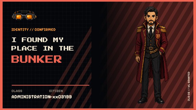 A pixel art style graphic with red and dark striped patterns showing a man in a long coat, with text reading 'IDENTITY // CONFIRMED', 'I FOUND MY PLACE IN THE BUNKER', and 'ADMINISTRATION: xx03199'.