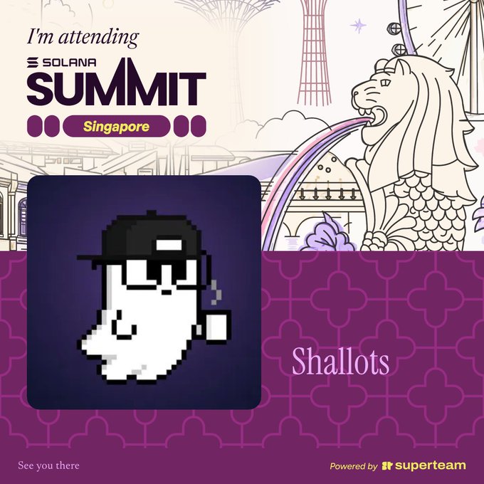 A digital graphic announcing attendance at the 'SOLANA SUMMIT' in Singapore, featuring a pixelated ghost character with a cap labeled 'Shallots' alongside an illustrated Merlion. Powered by Superteam.