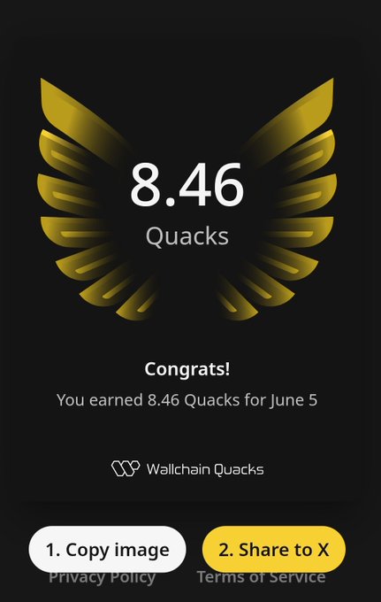 In this photo, a black background features an award for earning eight quacks (a type of bird) from @wallchain Quackers, with yellow accents that make them stand out against the darker tones of the image. The image also shows the words "conratulations," which emphasize the accomplishment achieved by receiving these awards.