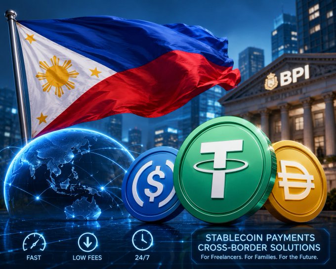 A promotional graphic featuring the Philippine flag, BPI bank building, and various cryptocurrency coins (USDC, Tether, Bitcoin), advertising 'STABLECOIN PAYMENTS CROSS-BORDER SOLUTIONS'.